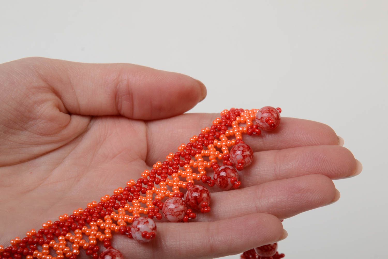 Unusual festive handmade designer red necklace woven of Czech beads photo 5