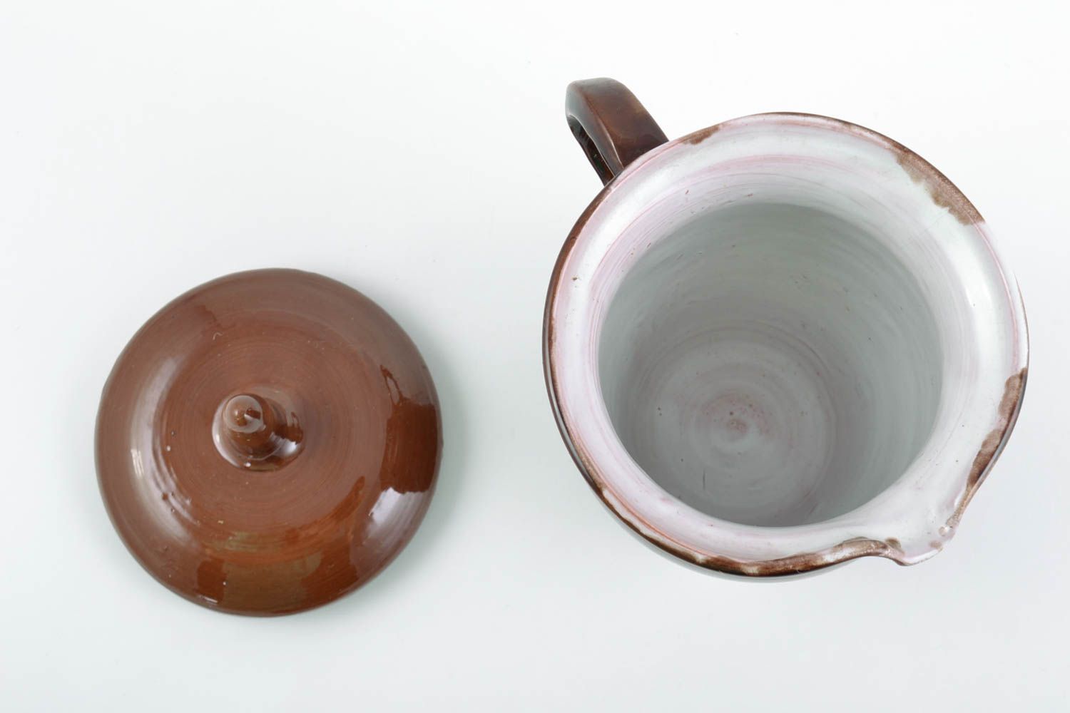 Handmade brauner Keramik Krug mit Deckel 1 L mit Glasur bemalt foto 5