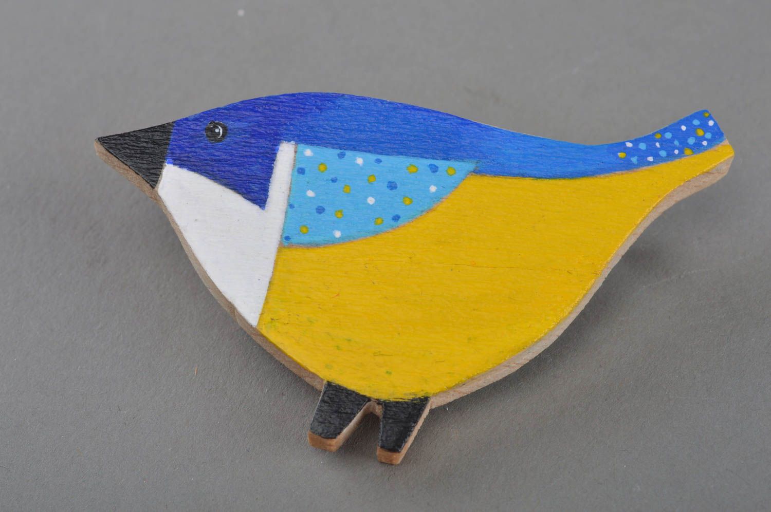 Handmade designer bright painted plywood brooch blue and yellow titmouse bird photo 1