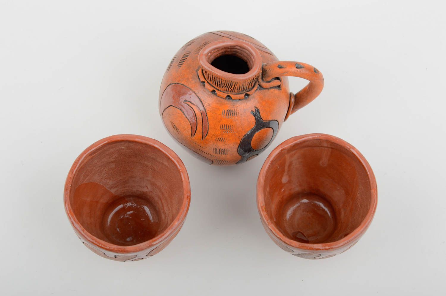 Geschirr Set Keramik Handarbeit Ton Krug und 2 Keramik Trinkbecher getöpfert foto 4