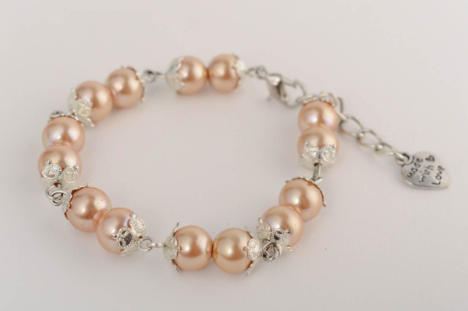 Beige ceramic pearls bracelet on a chain delicate handmade evening accessory photo 2
