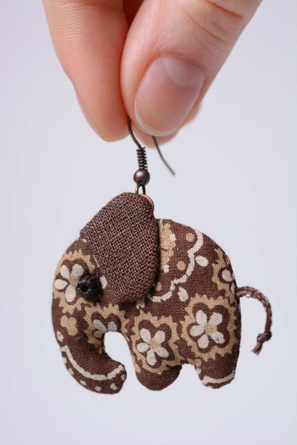 Handmade fabric dangle earrings sewn of fabric in brown color palette elephants photo 3