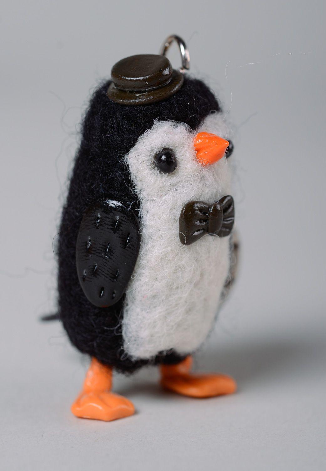 Felted keychain toy hand made of wool and polymer clay Penguin photo 2
