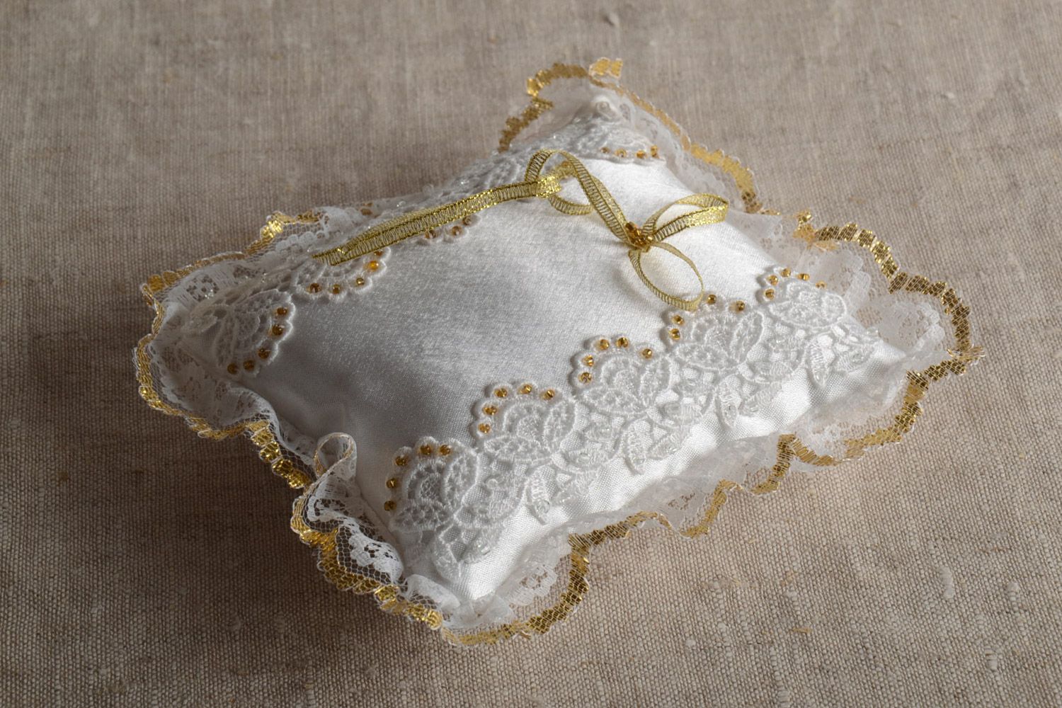 Handmade festive wedding rings pillow sewn of satin with lace and Czech beads photo 1