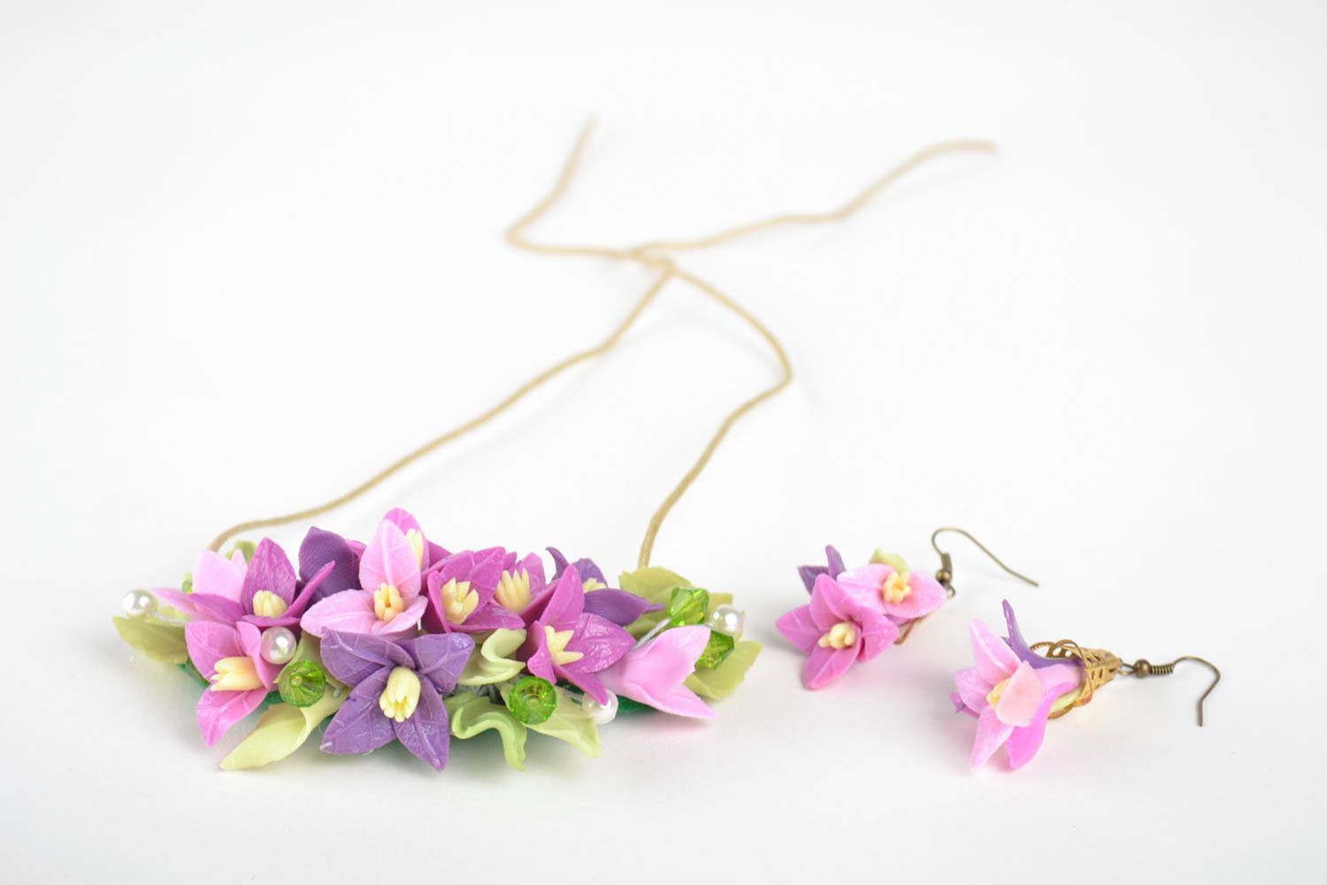 Handmade jewelry flower earrings handmade necklace jewelry set polymer clay photo 3