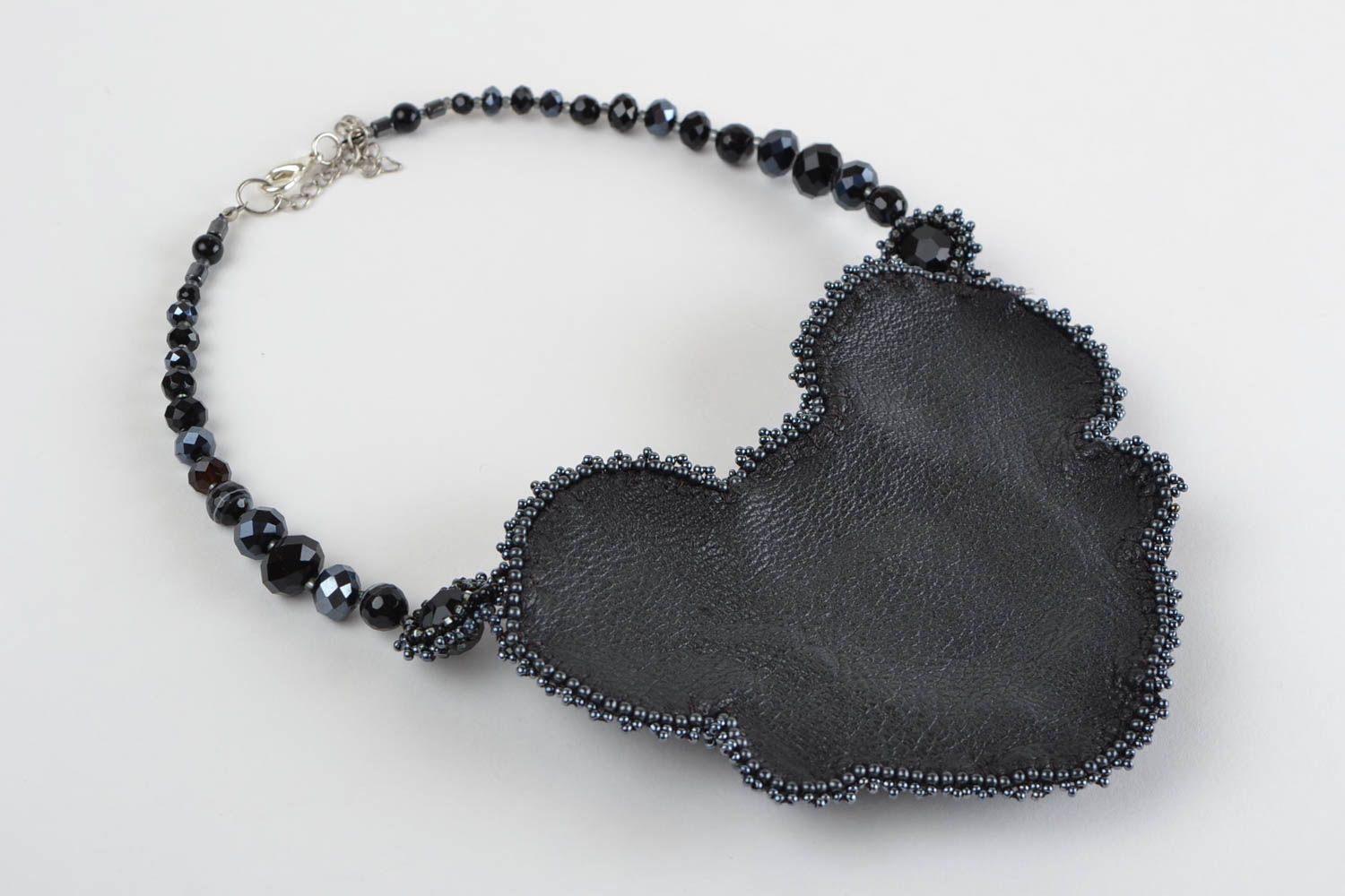 Handmade unusual beautiful black necklace made of leather and natural stones photo 5