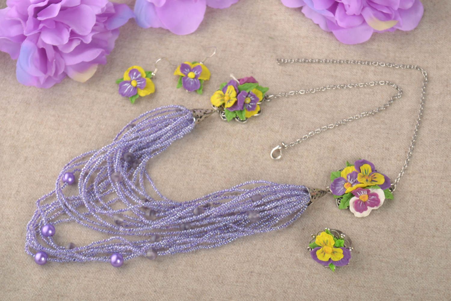 Handmade Damen Schmuck Set Blumen Ohrringe Collier Halskette und Ring mit Blumen foto 1