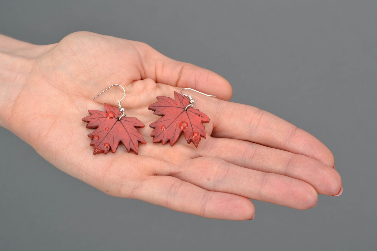Large polymer clay earrings in the shape of maple leaves photo 2