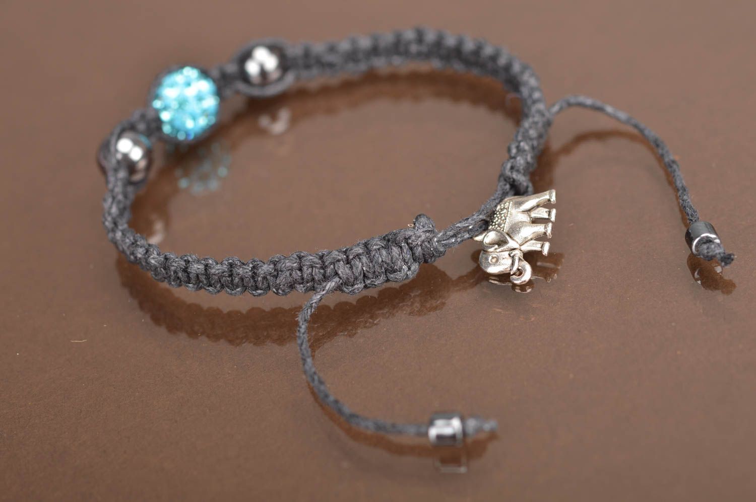 Bracelet tressé en cordon noir ciré avec perles fantaisie fait main original photo 5