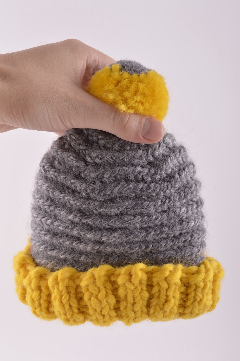 Bonnet tricot fait main Chapeau chaud gris jaune laine acrylique Vêtement femme photo 5