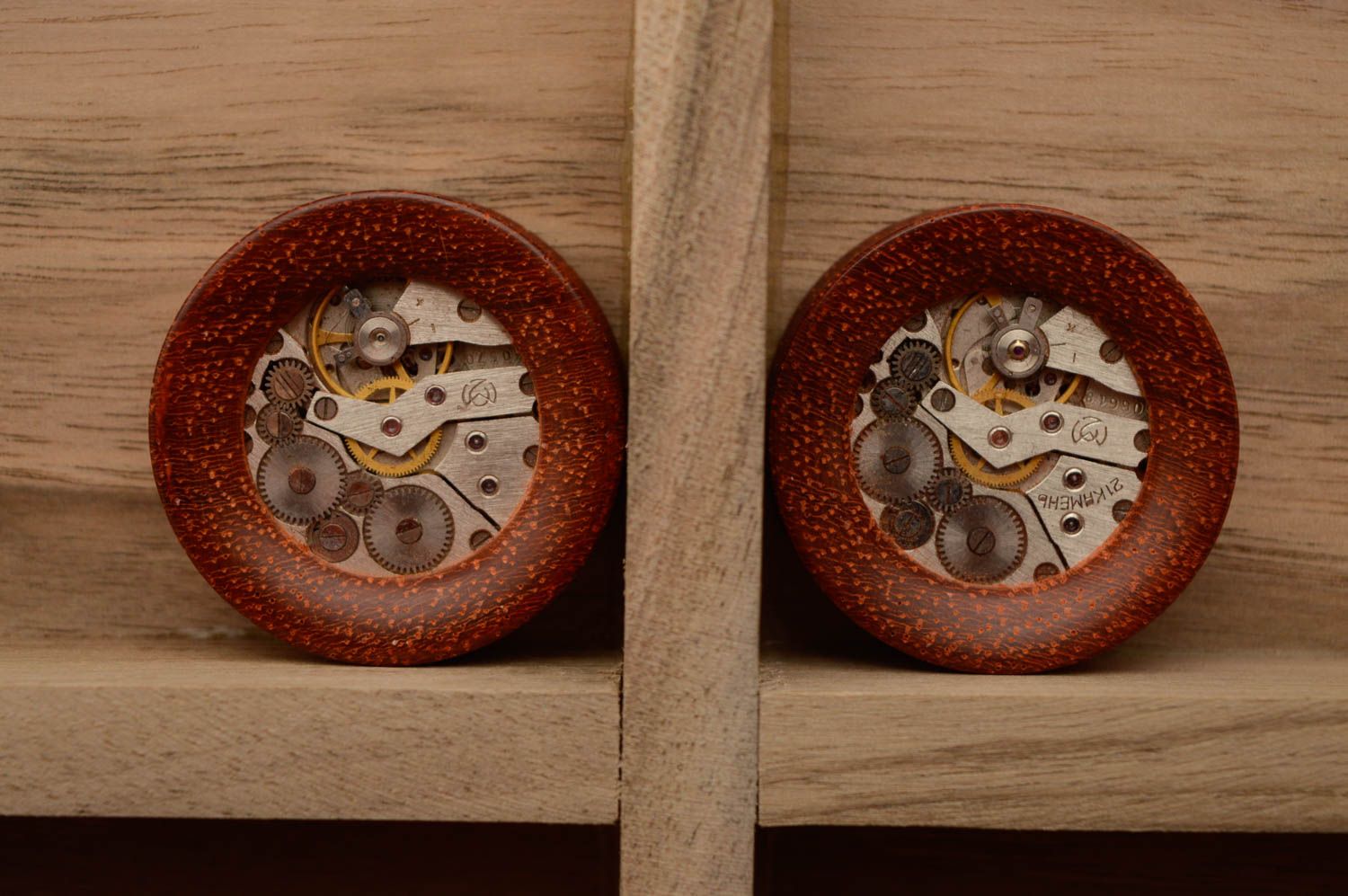 Padauk wood plug earrings with clock mechanism photo 1