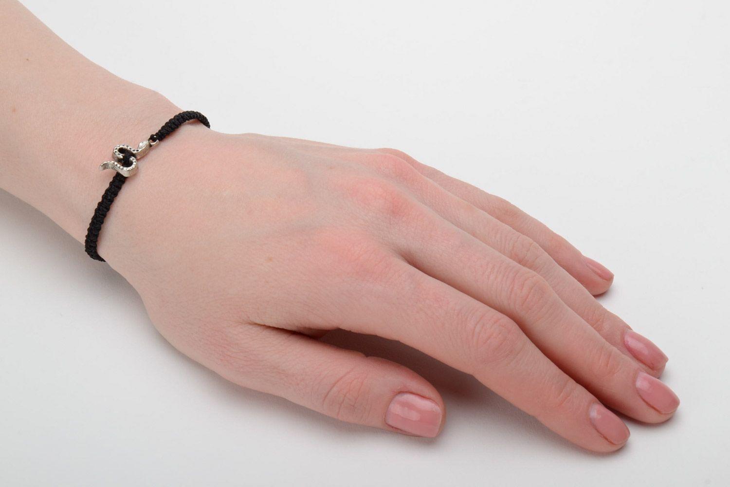 Handmade black macrame woven bracelet with metal snake charm for women photo 2