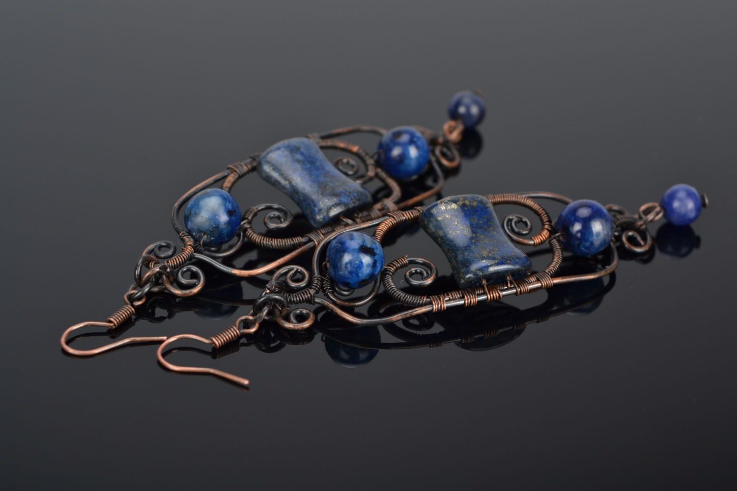 Handmade metal earrings with lazurite and agate photo 1
