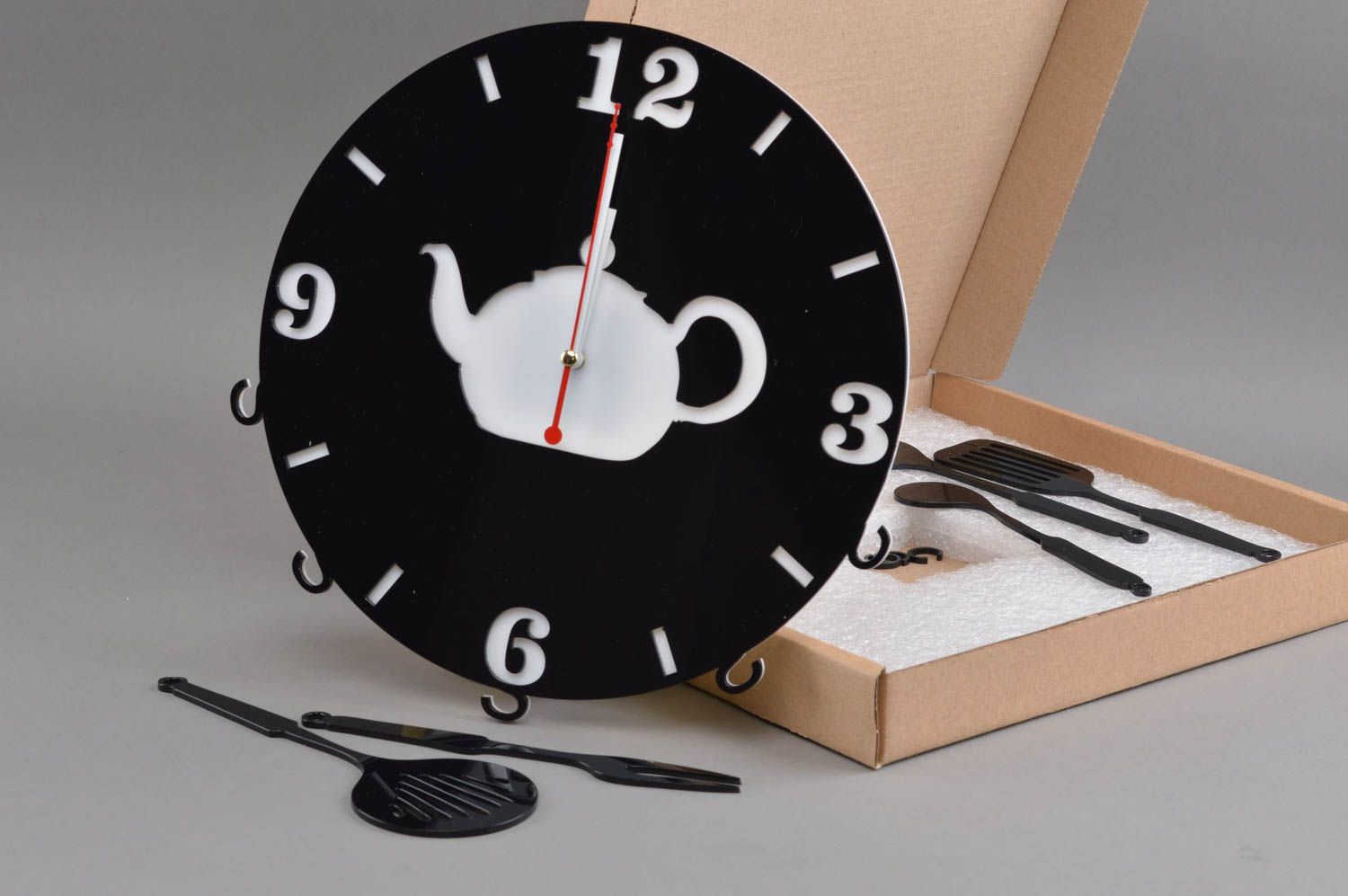 Horloge faite main en verre acrylique originale noire ronde décoration Théière photo 2