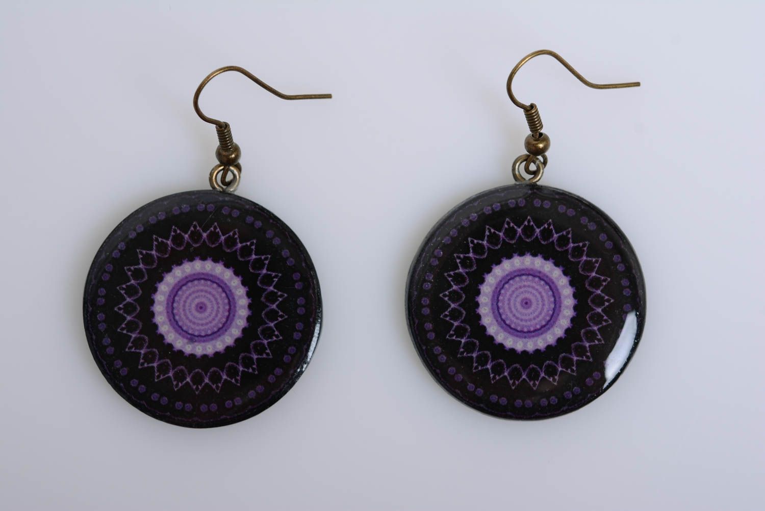Earrings made of polymer clay with decoupage handmade black with purple jewelry photo 5