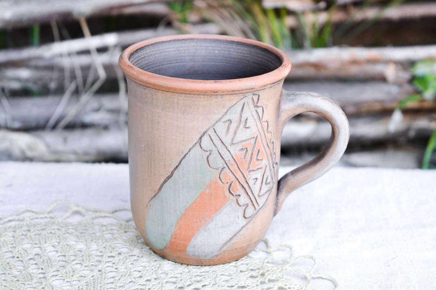 Tall drinking mug in brown, orange, and olive colors photo 5