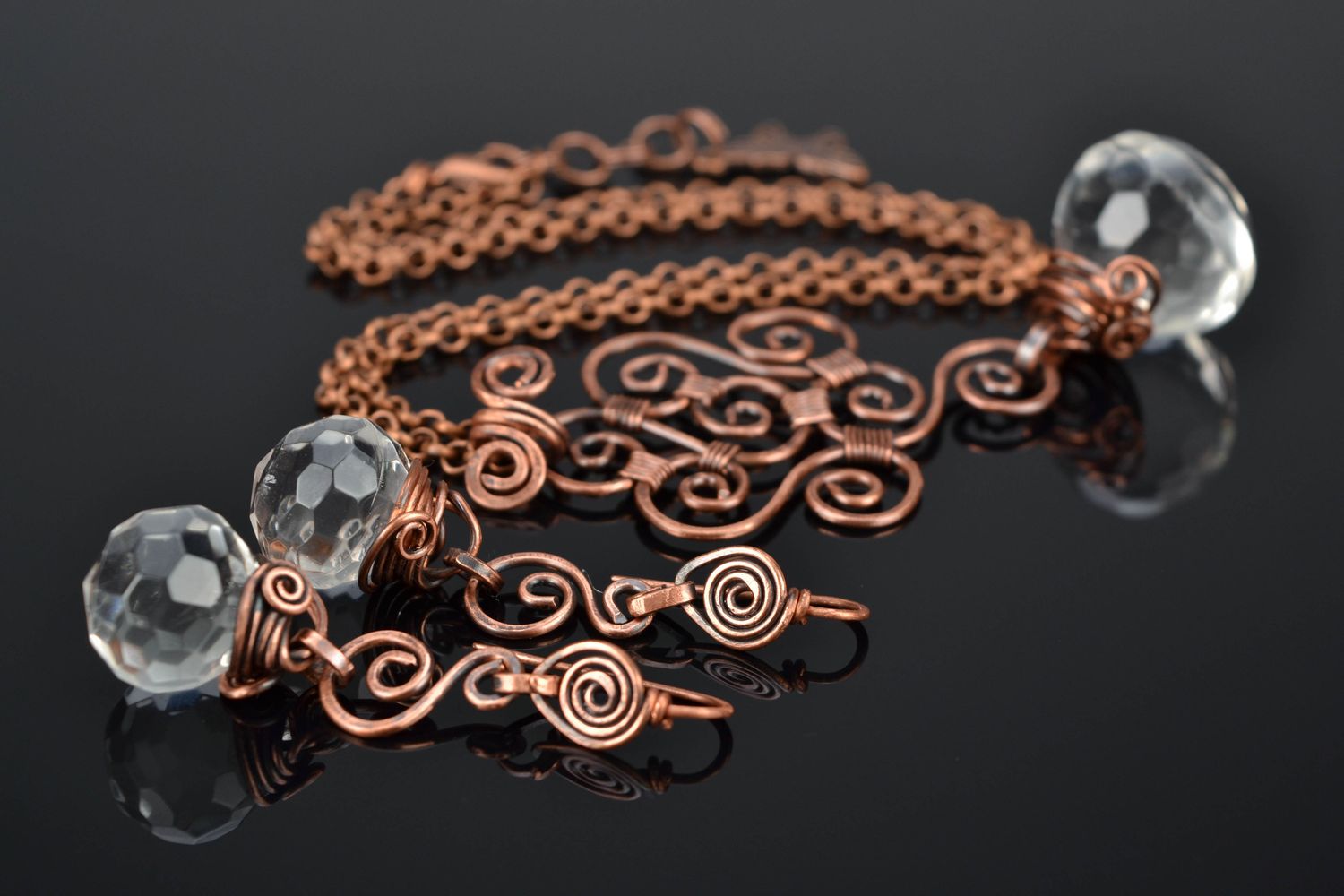 Copper jewelry set with crystal made using wire wrap technique photo 1