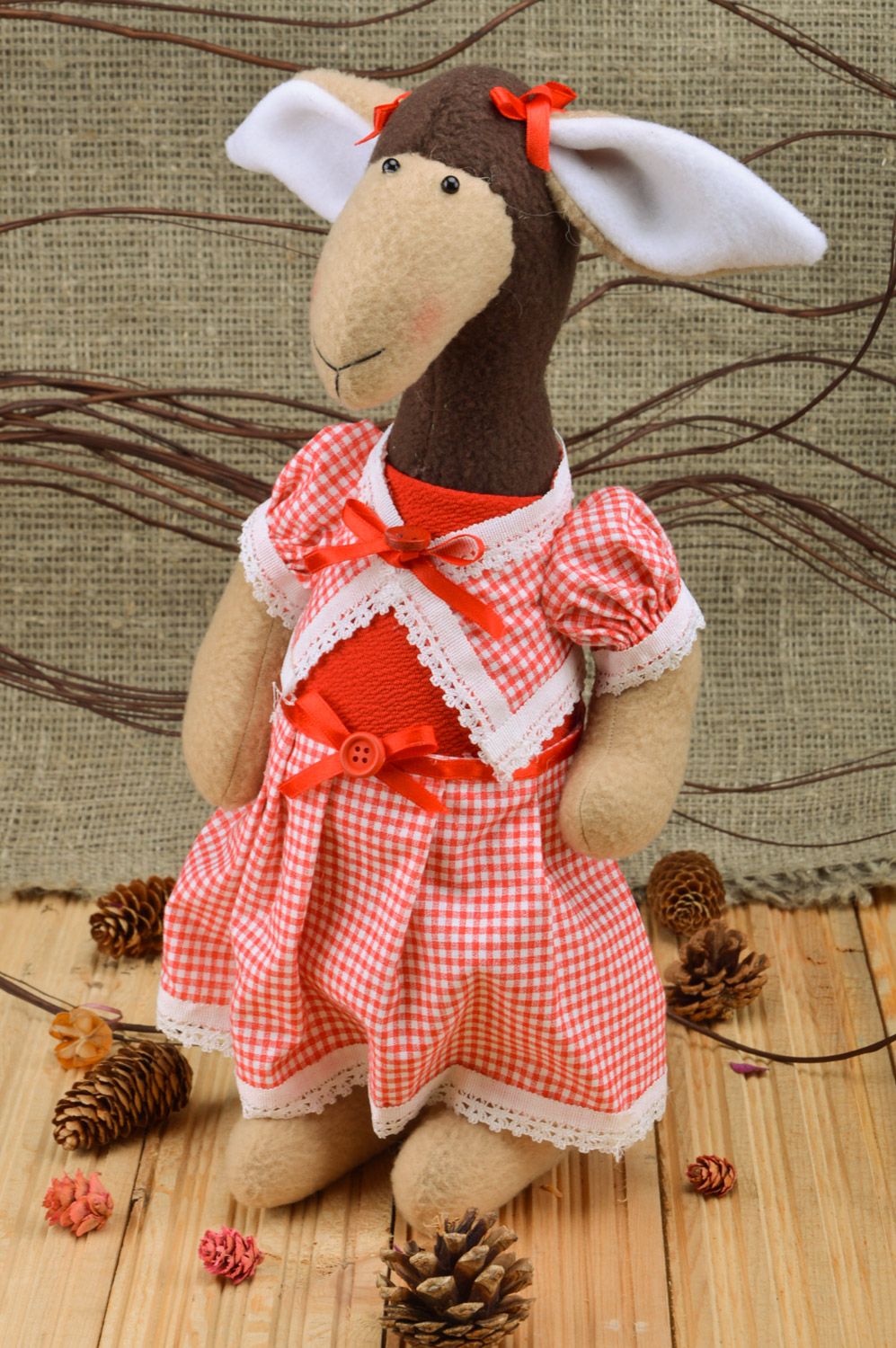 Handmade fabric soft toy sheep in checkered dress photo 1
