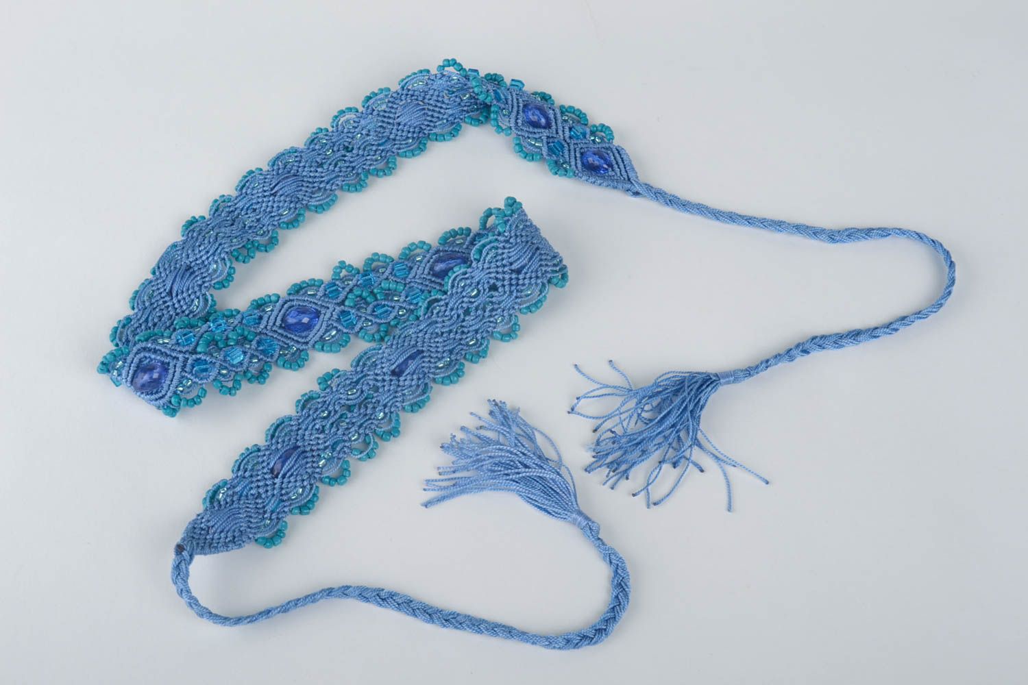 Пояс ручной работы женский ремень украшение макраме пояс для талии голубой фото 4