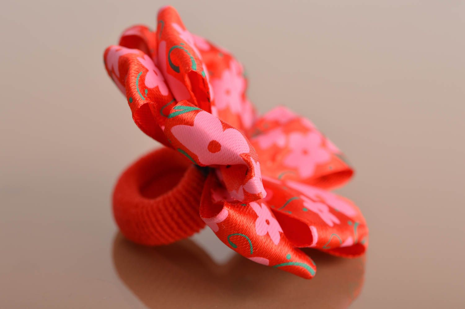 Handmade children's hair tie with red satin ribbon flower with rhinestone photo 4