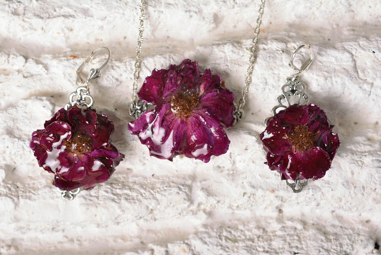 Handmade jewelry set flower necklace designer earrings botanical jewelry photo 2