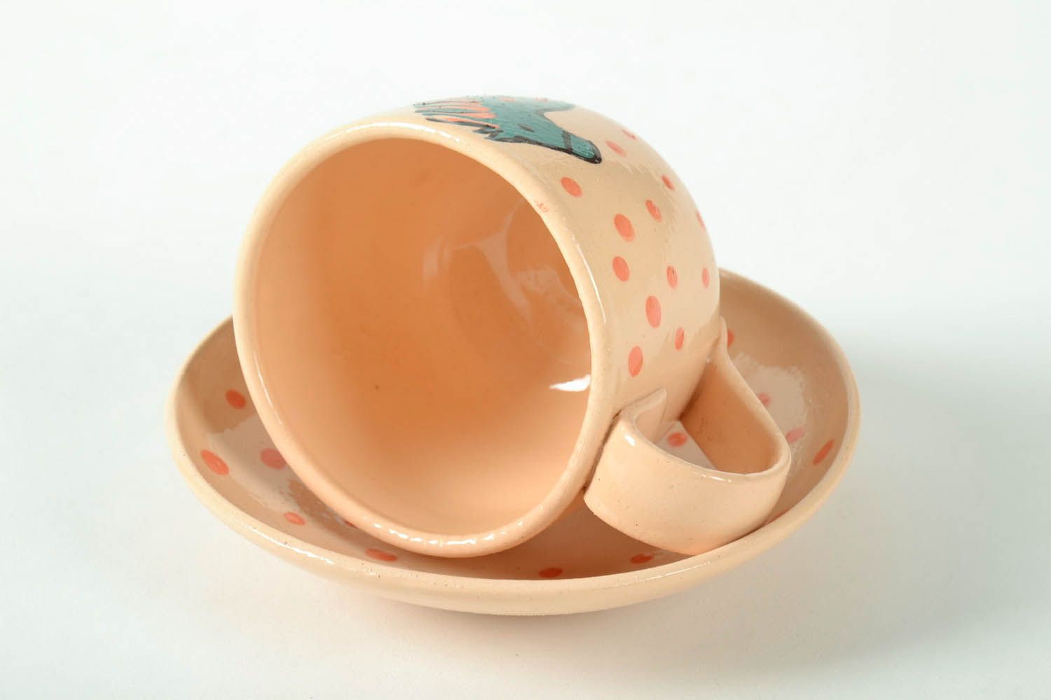 Kids' ceramic drinking cup with handle, saucer, and horse pattern photo 4