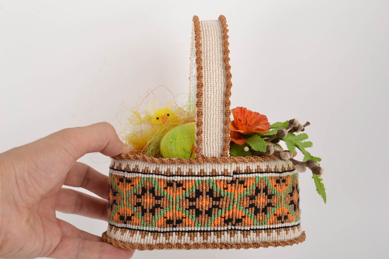 Handmade small decorative macrame woven Easter basket with egg and chickens photo 4