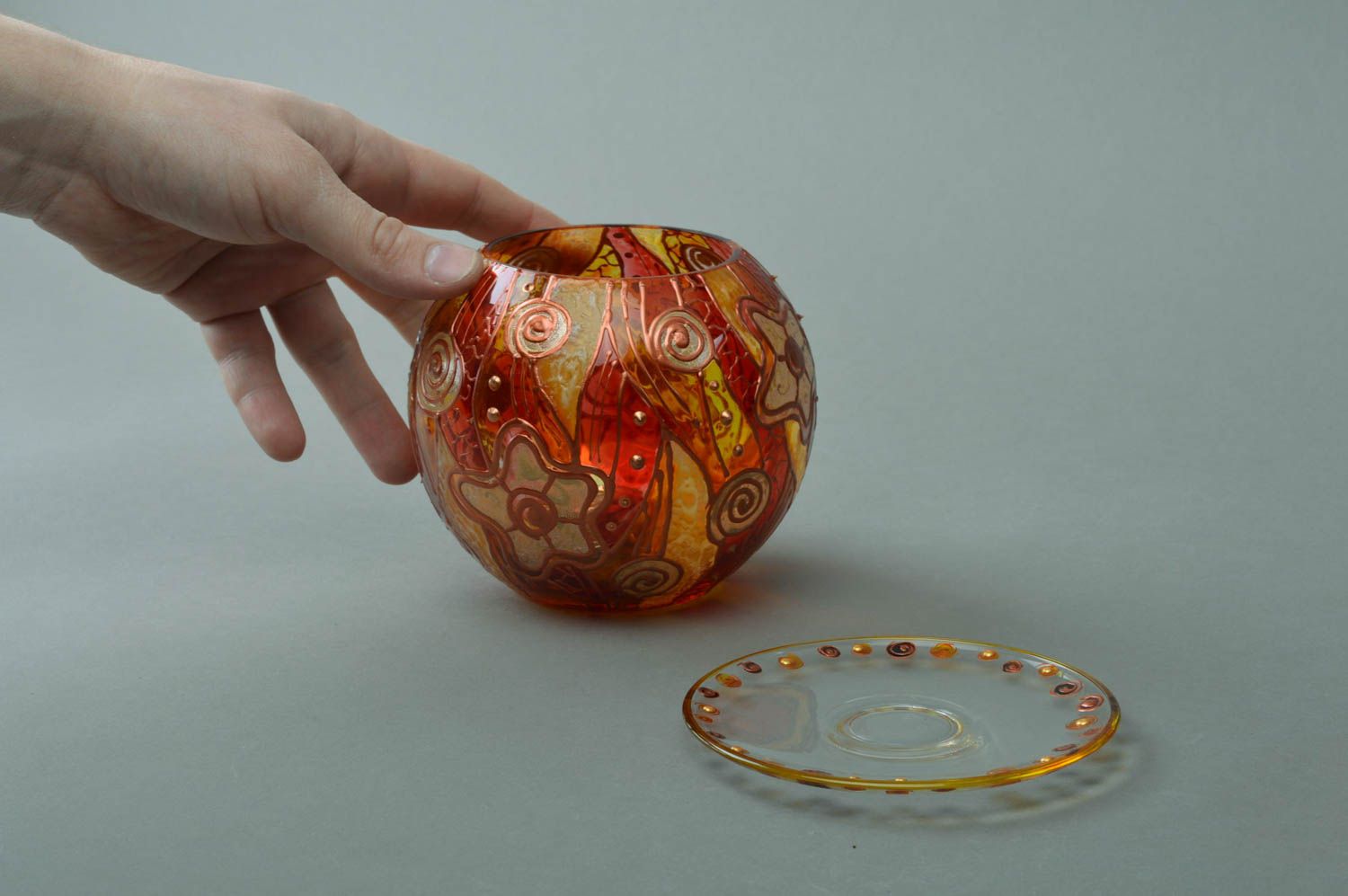 Bougeoir boule avec support verre peint original décor fait main Luminosité photo 4
