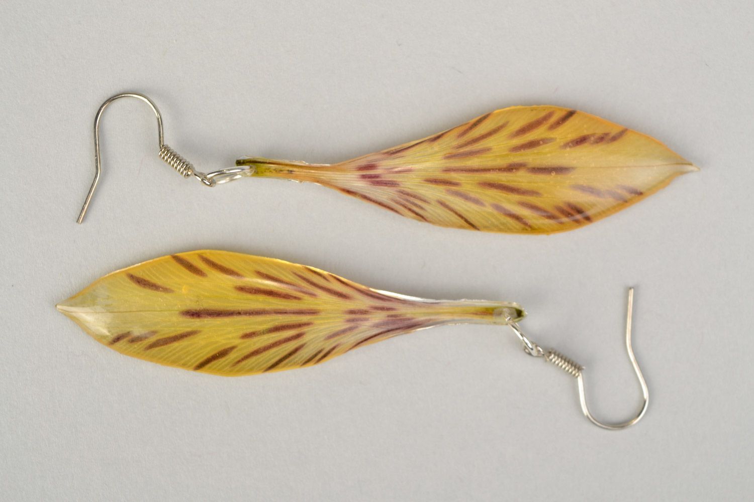 Handmade yellow and red dangle earrings with alstroemeria flower in epoxy resin photo 5
