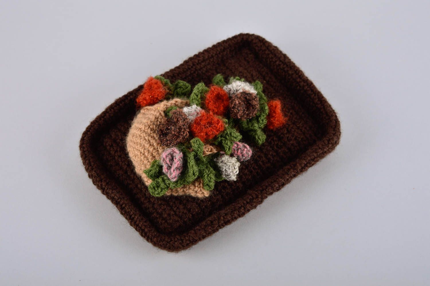 Petit tableau tricoté au crochet Tableau fait main marron fleurs Déco maison photo 3