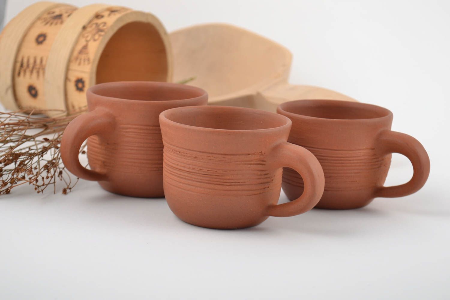 Set of three brown ceramic 5 oz coffee cups in terracotta color photo 1