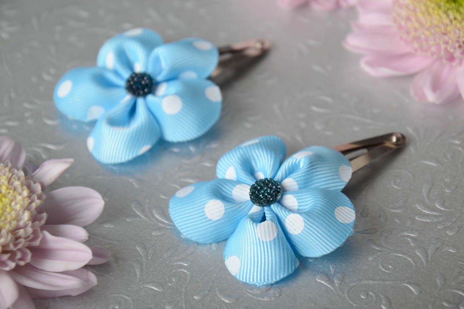 Set of 2 handmade hair clips with small blue dotted ribbon flowers for girls photo 1