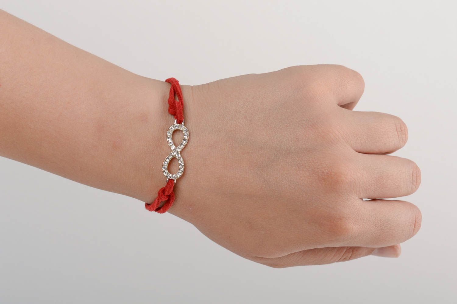 Handmade thin red suede cord bracelet with metal charm infinity sign photo 5