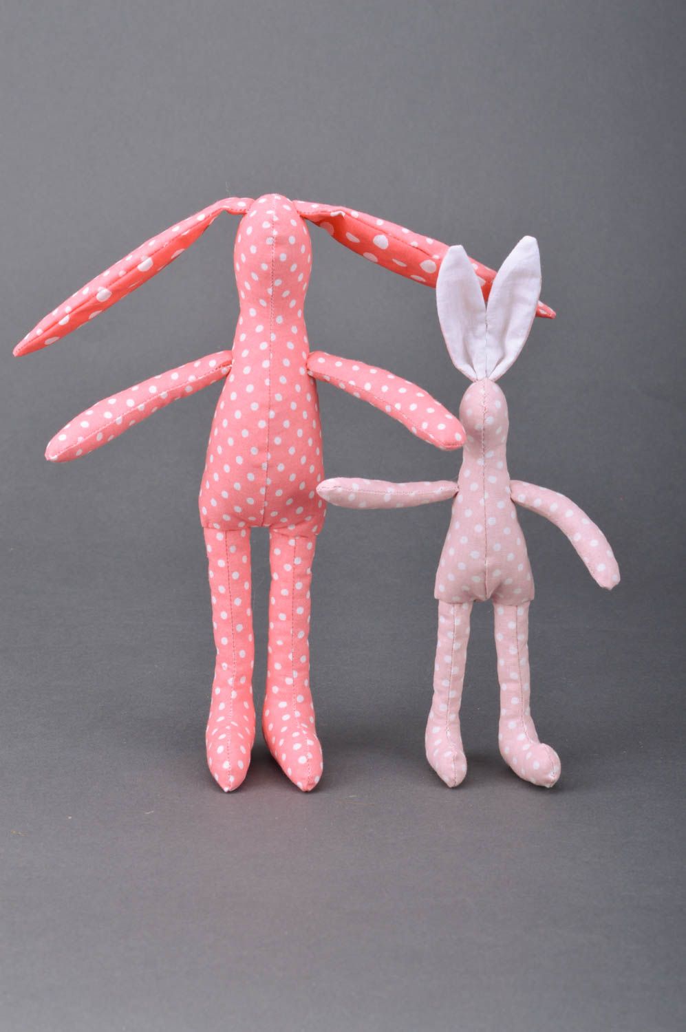 Set of handmade toys rabbits 2 pieces made of cotton pink with polka dots pattern photo 2