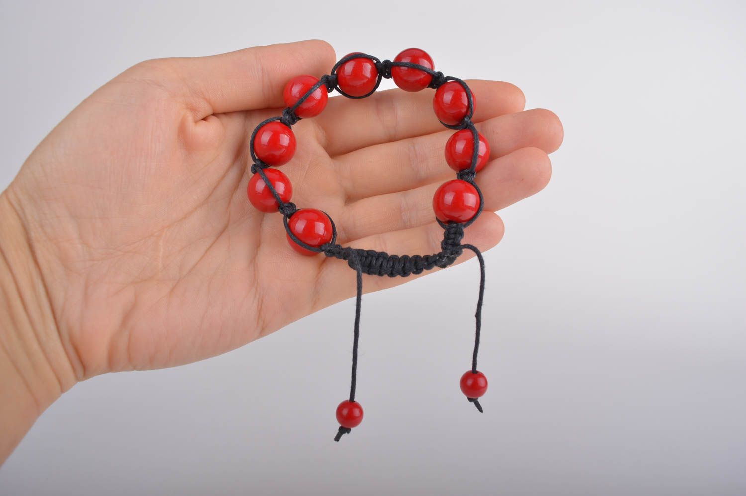 Red hot beads and black cord strand bracelet for women photo 6