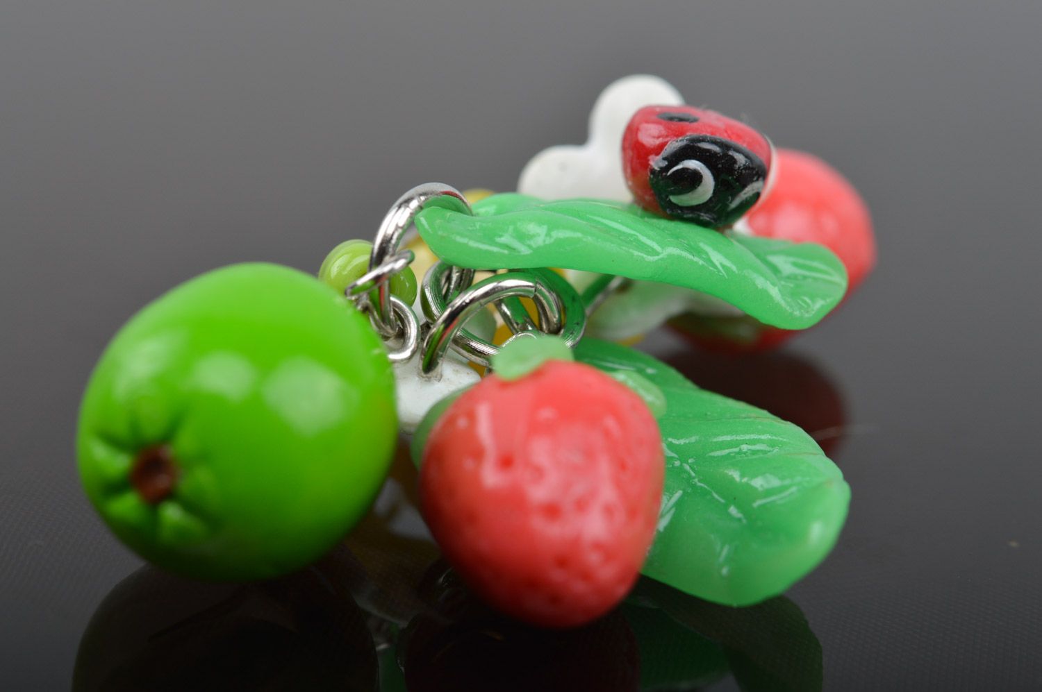 Handmade designer polymer clay long earrings with charms in the shape of berries photo 5