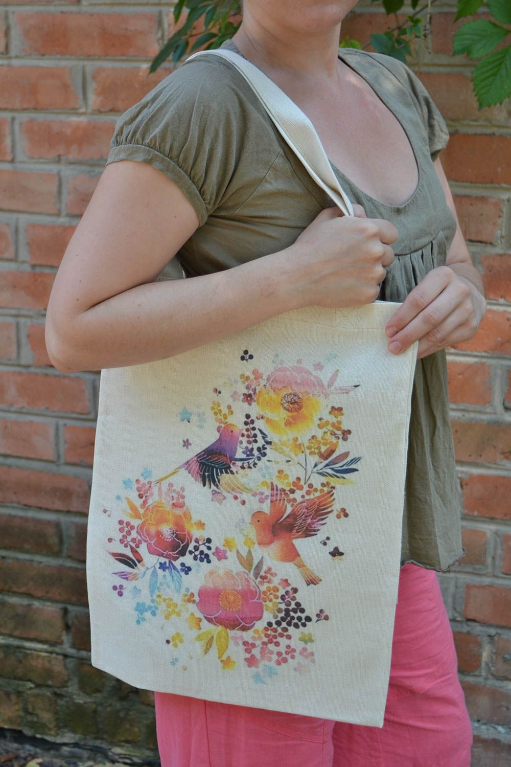 Light beautiful female handmade bag with long handles and birds print photo 1