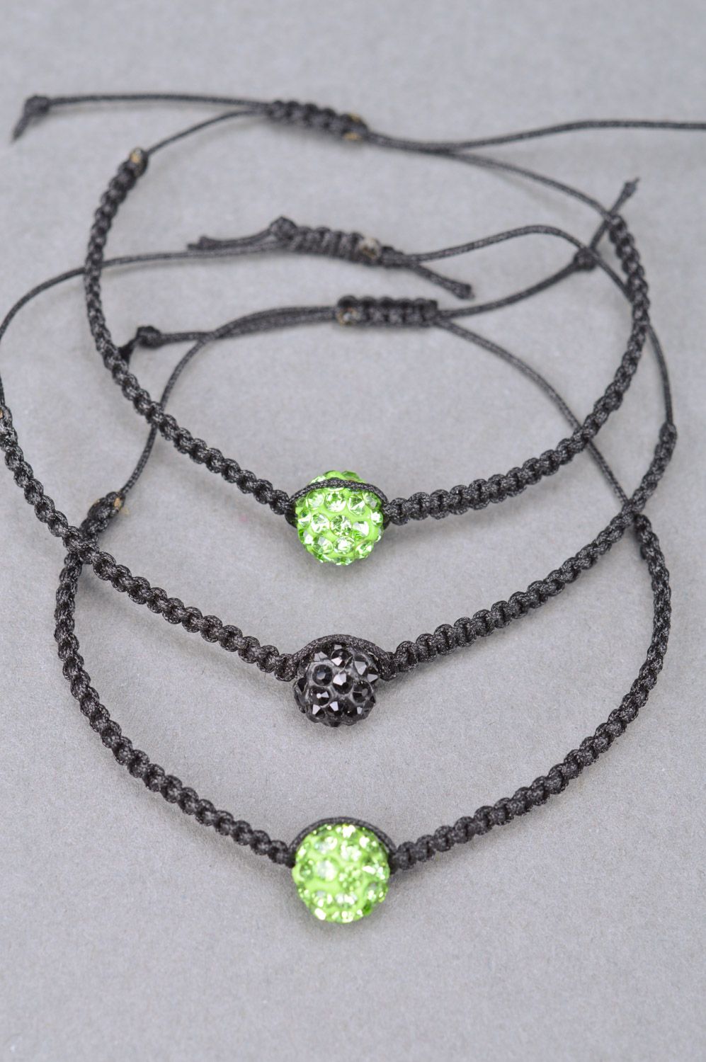 Set of handmade textile bracelets woven of threads and beads 3 items Black and Green photo 2