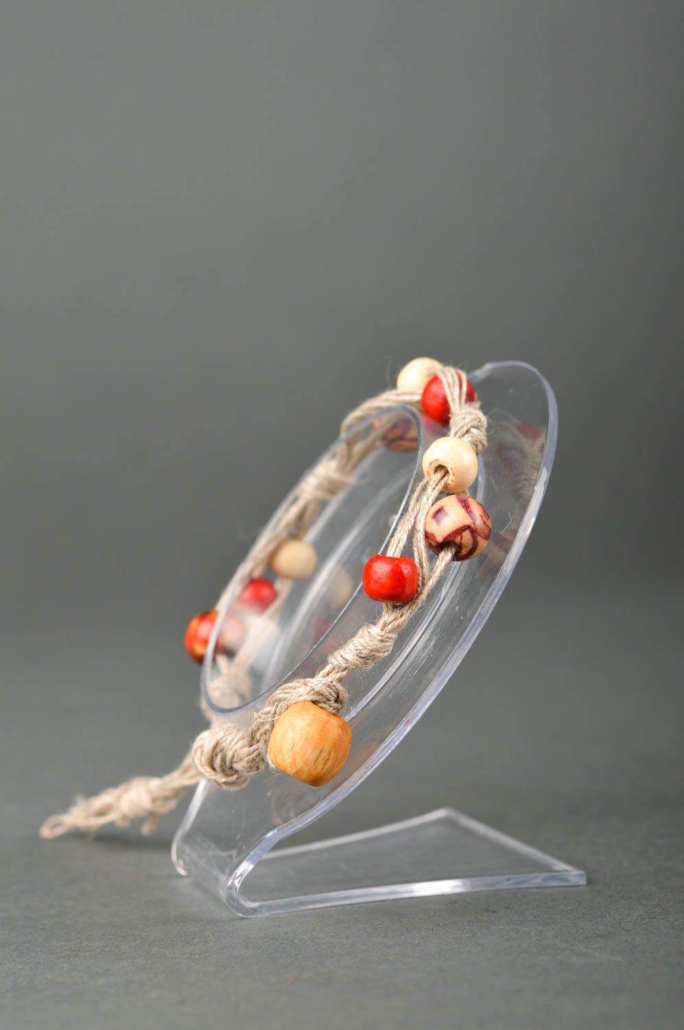 Strand rope handmade beaded bracelet with wooden red and beige beads for her photo 2