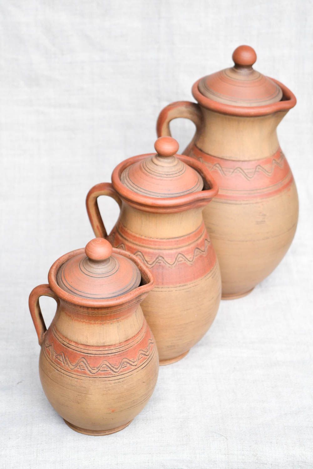Set of light brown ceramic 30 oz, 45 oz, 60 oz jugs handmade pottery for home décor photo 3