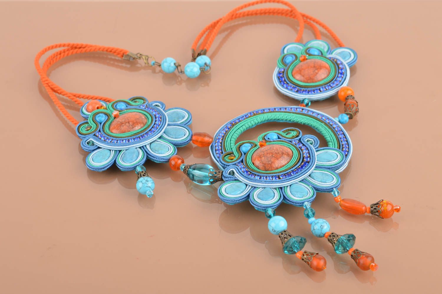 Unusual beautiful women's handmade designer soutache cord necklace with beads photo 3