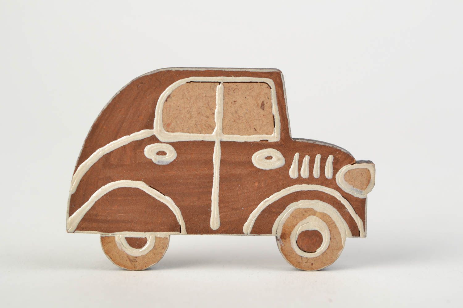 Small stylish handmade brown wooden brooch for children Car photo 1