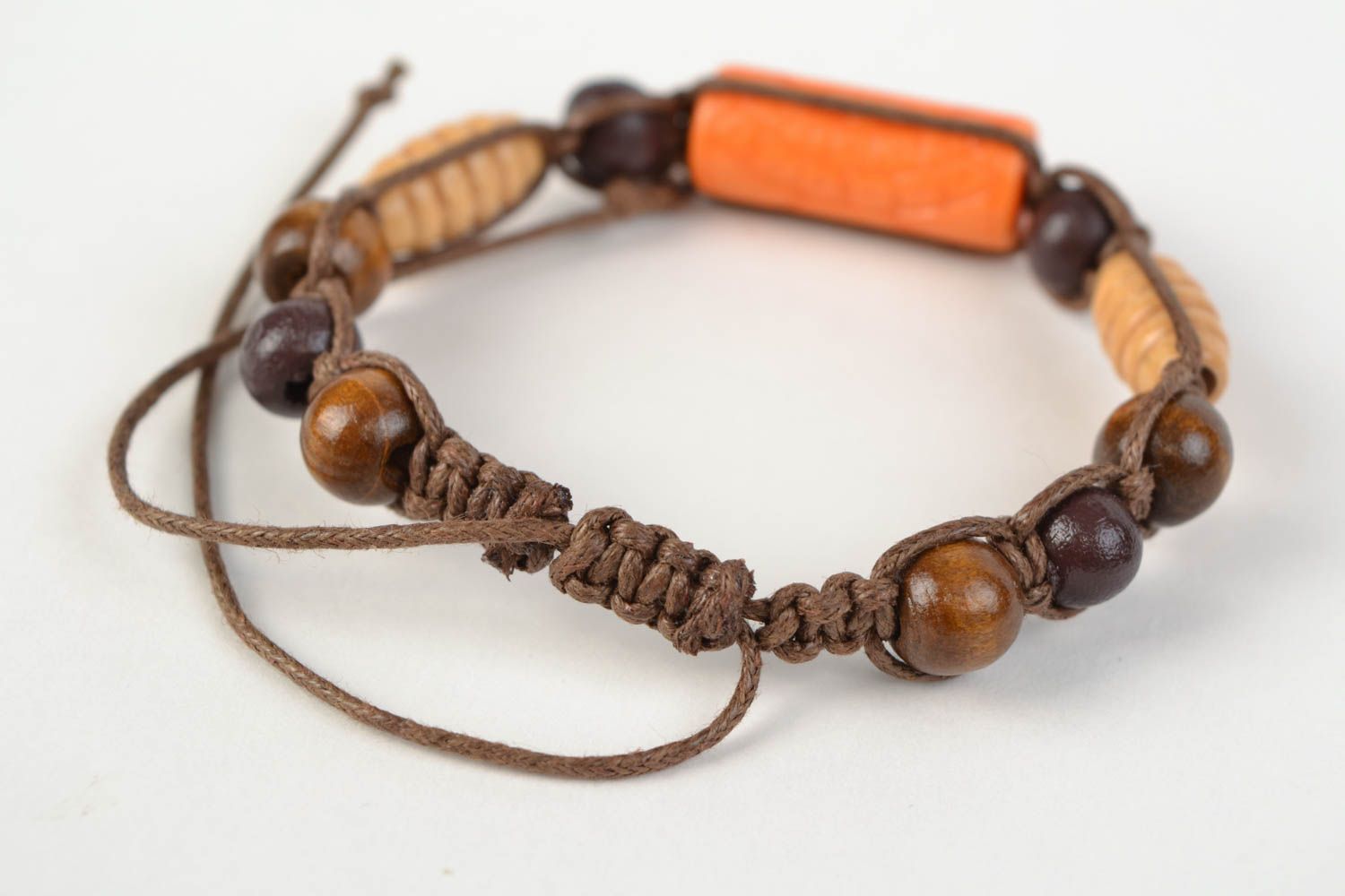 Handmade bracelet made of cotton cords with large wood beads braided accessory photo 5