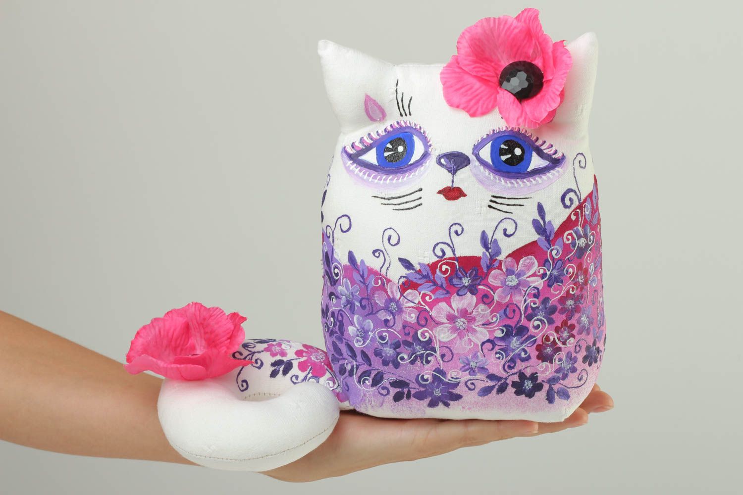 Jouet chat Peluche faite main en coton motif floral Déco maison cadeau photo 5