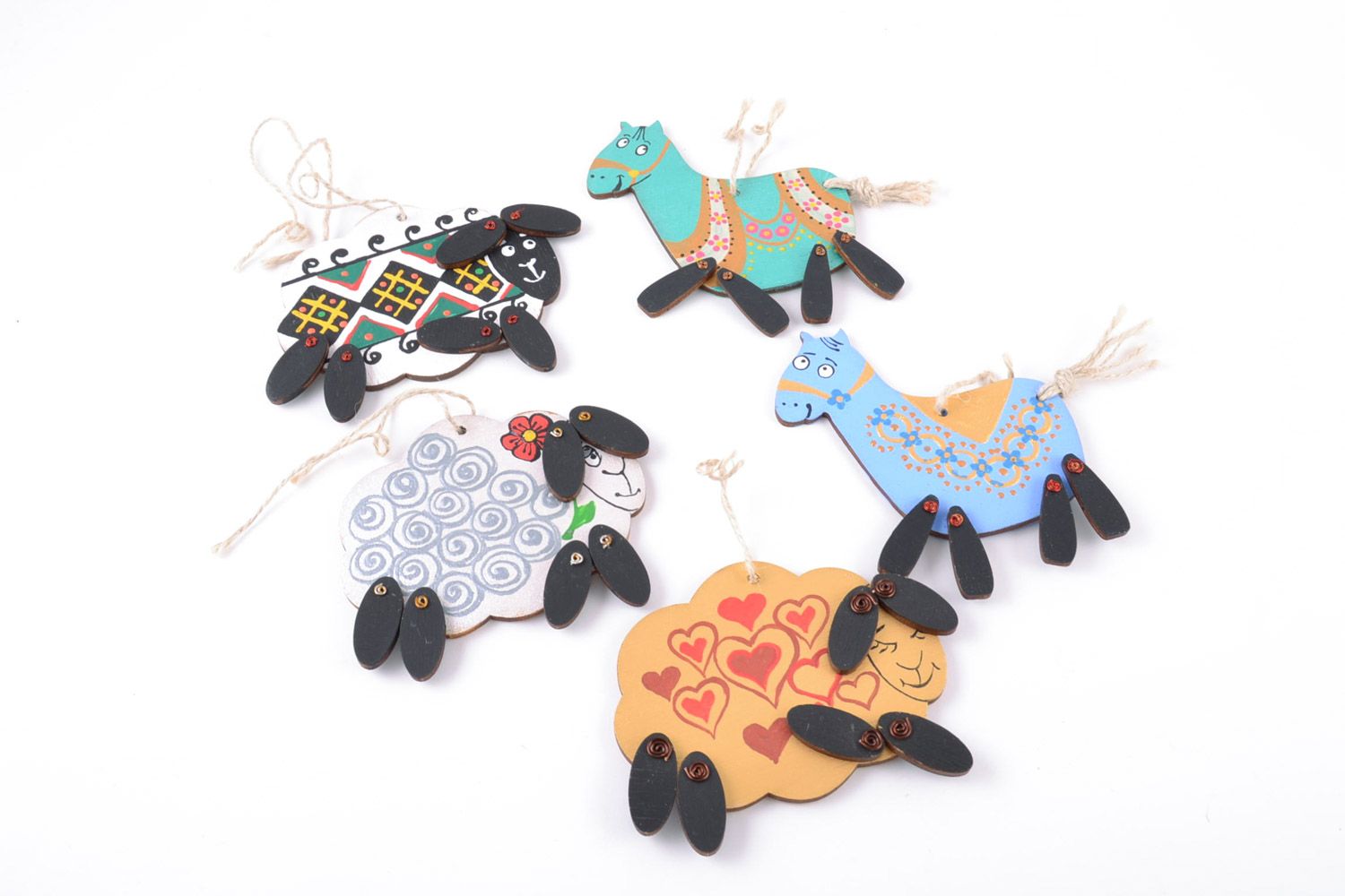 Set of 5 handmade decorative colorful wooden wall hangings horses and sheep photo 2