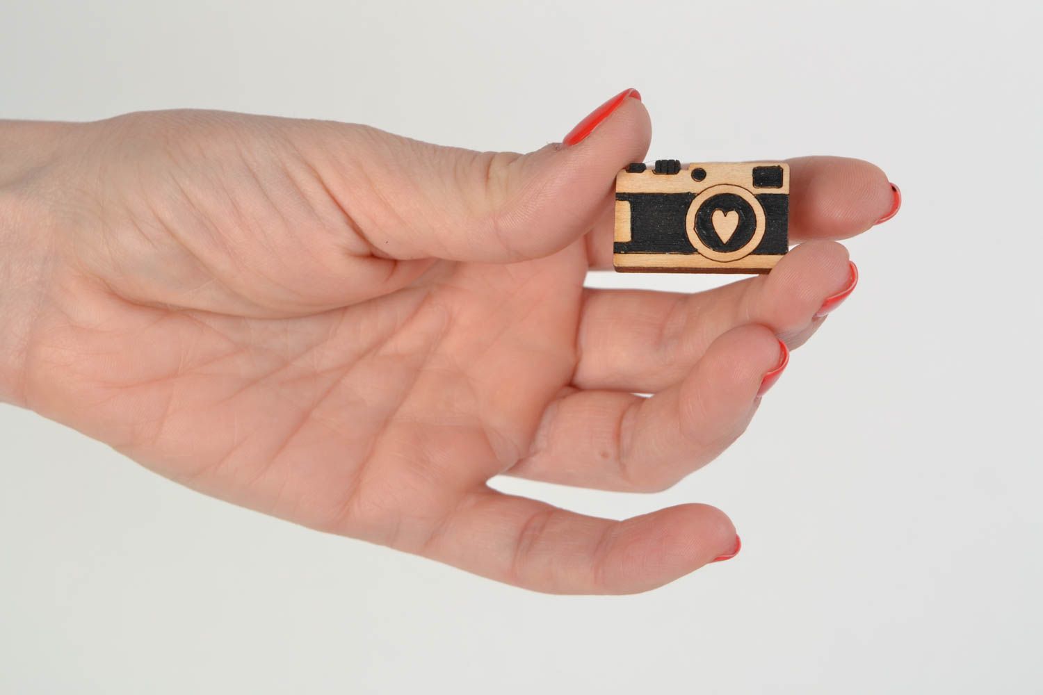 Handmade wooden brooch painted with acrylics Photo Camera present for girl photo 2