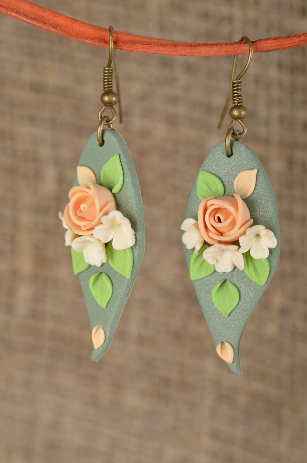 Polymer clay handmade earrings with beautiful roses designer summer accessory photo 1