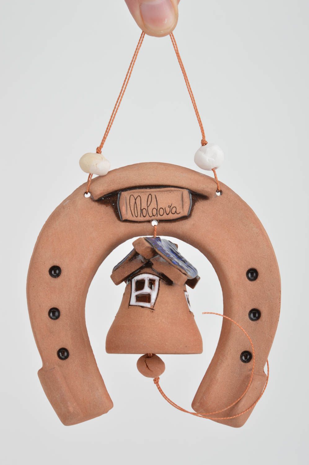 Decorative handmade wall pendant clay bell with horseshoe home decor photo 3