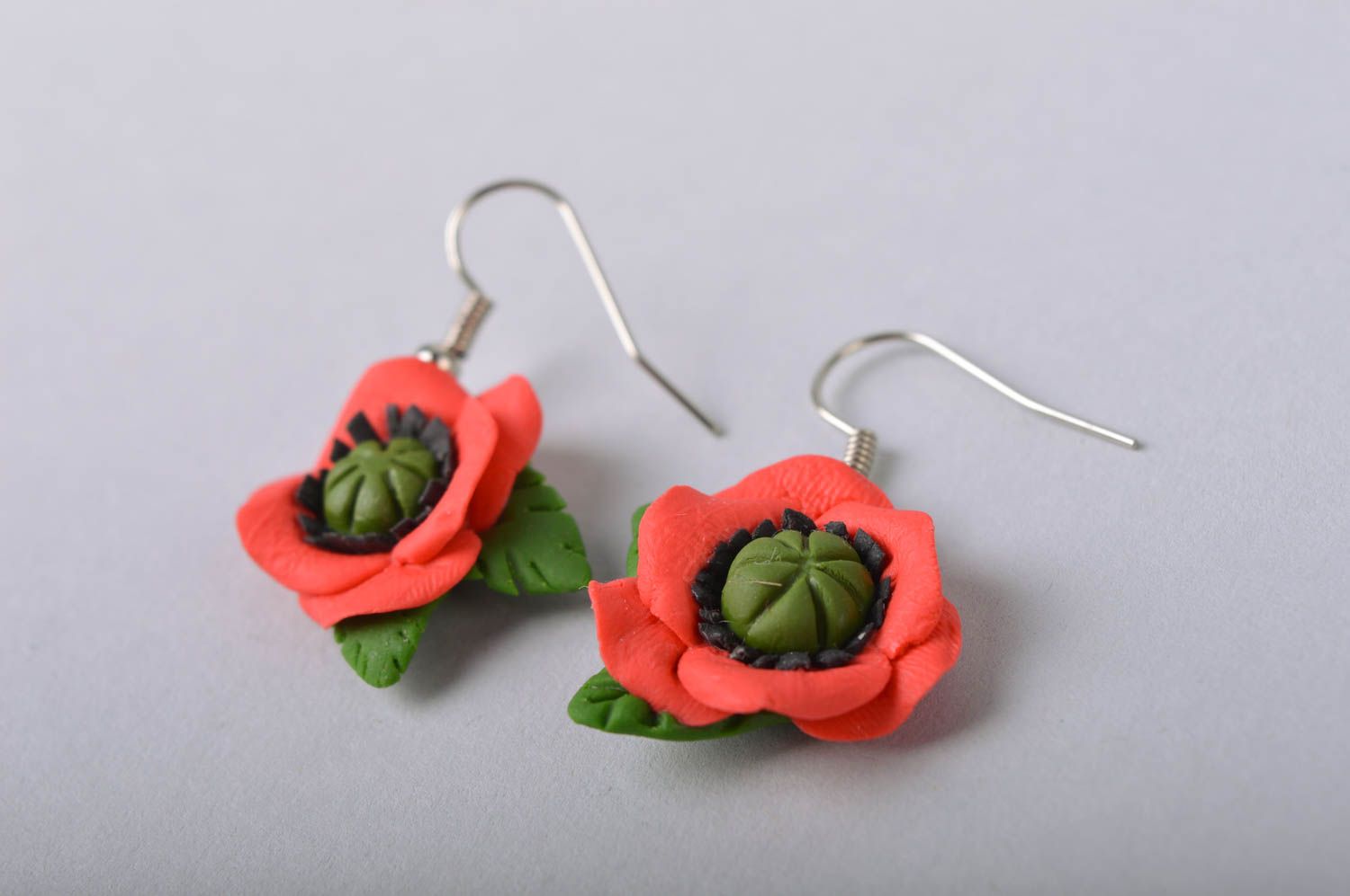 Handmade female big red and green flower earrings made of cold porcelain photo 3