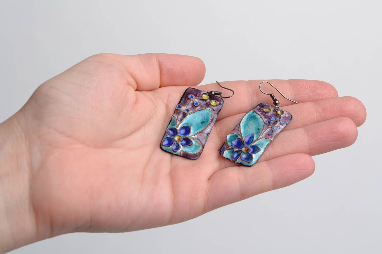 Handmade rectangular dangling copper earrings with enamel painting Blue flowers  photo 2